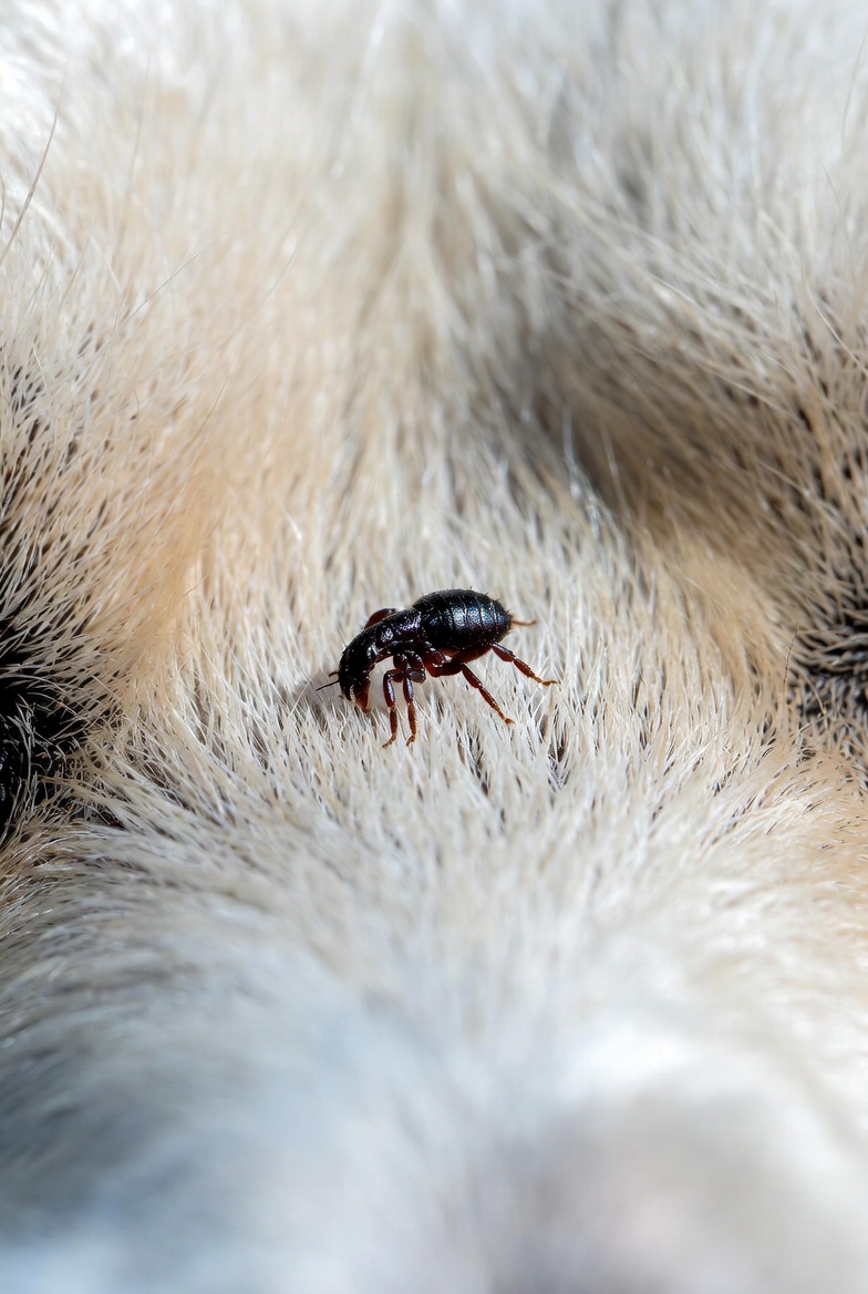 Close-up of a flea on dog fur — the most common external parasite in Indian pets