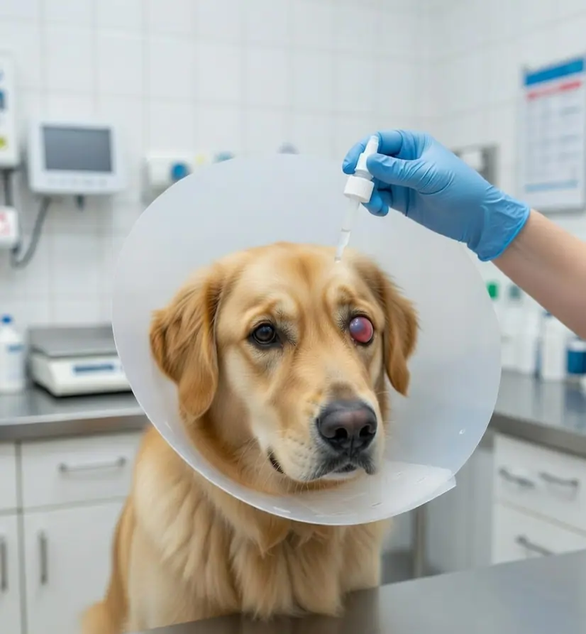 Veterinarian applying Vet Tears HA sodium hyaluronate lubricant drops to a dog's eye during post-cherry eye surgery recovery