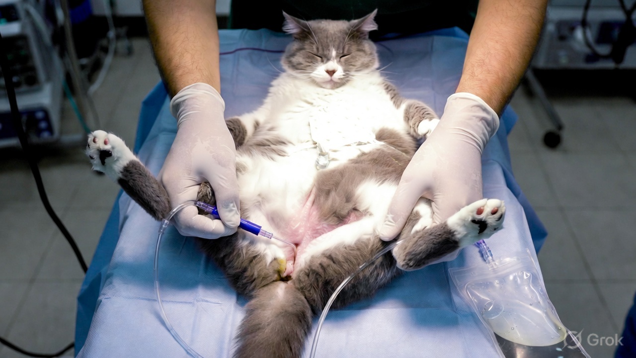 Veterinary catheterization of blocked male cat — emergency procedure to relieve urethral obstruction