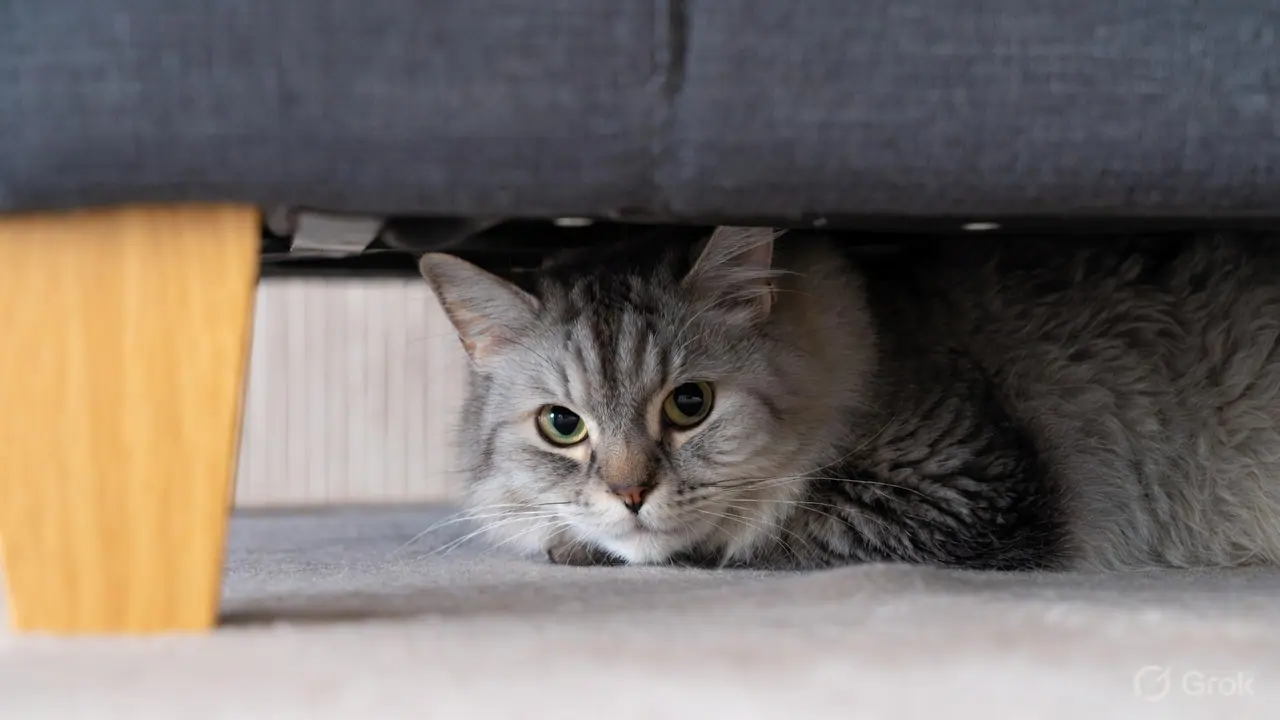 Cat hiding under furniture — a classic stress and anxiety behaviour in cats that is frequently missed by owners