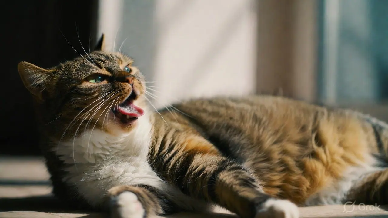 Cat in relaxed breathing posture — understanding normal versus abnormal respiratory effort is essential for asthma management