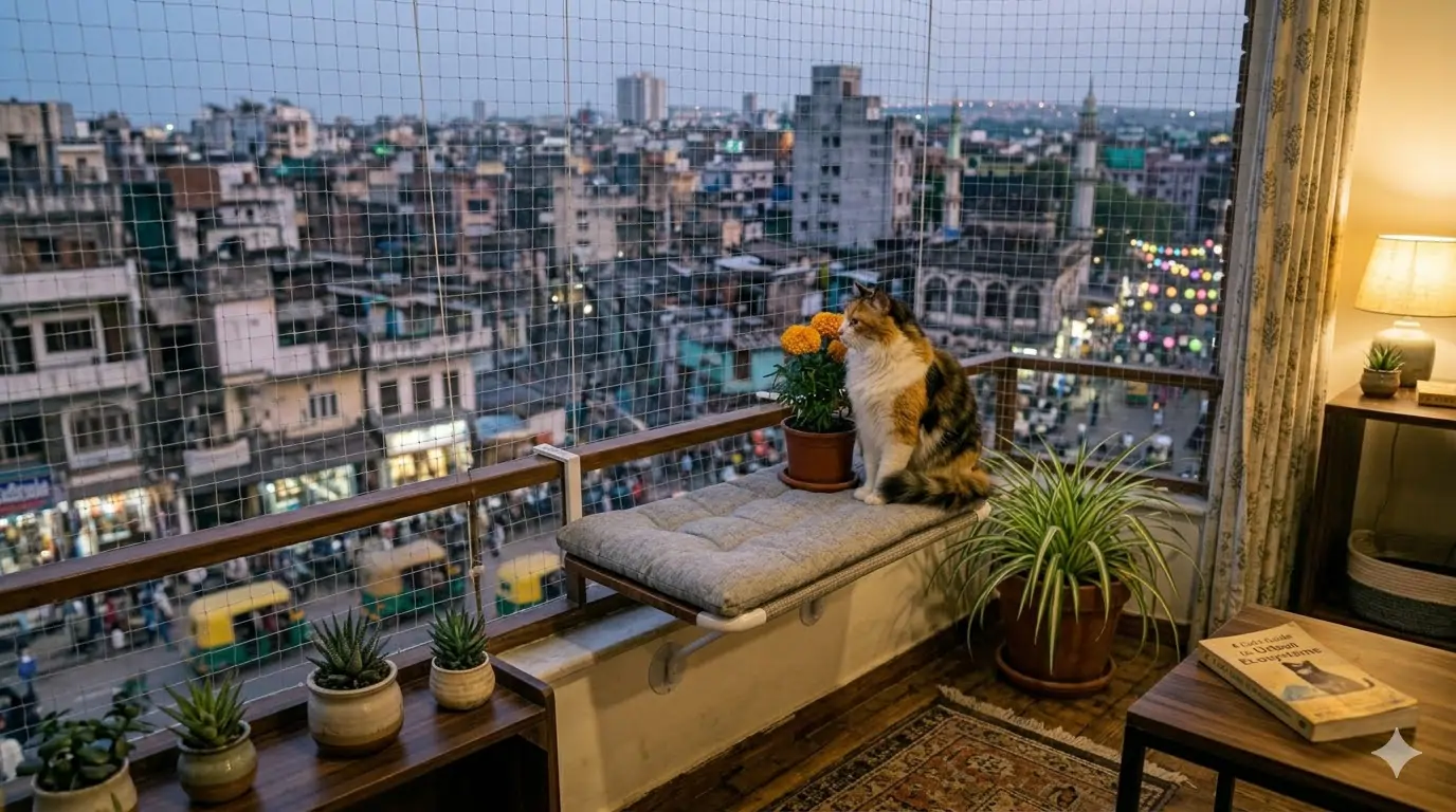 A cat enjoying a safely netted Indian apartment balcony — catnet installation preserves enrichment access while eliminating the fall risk