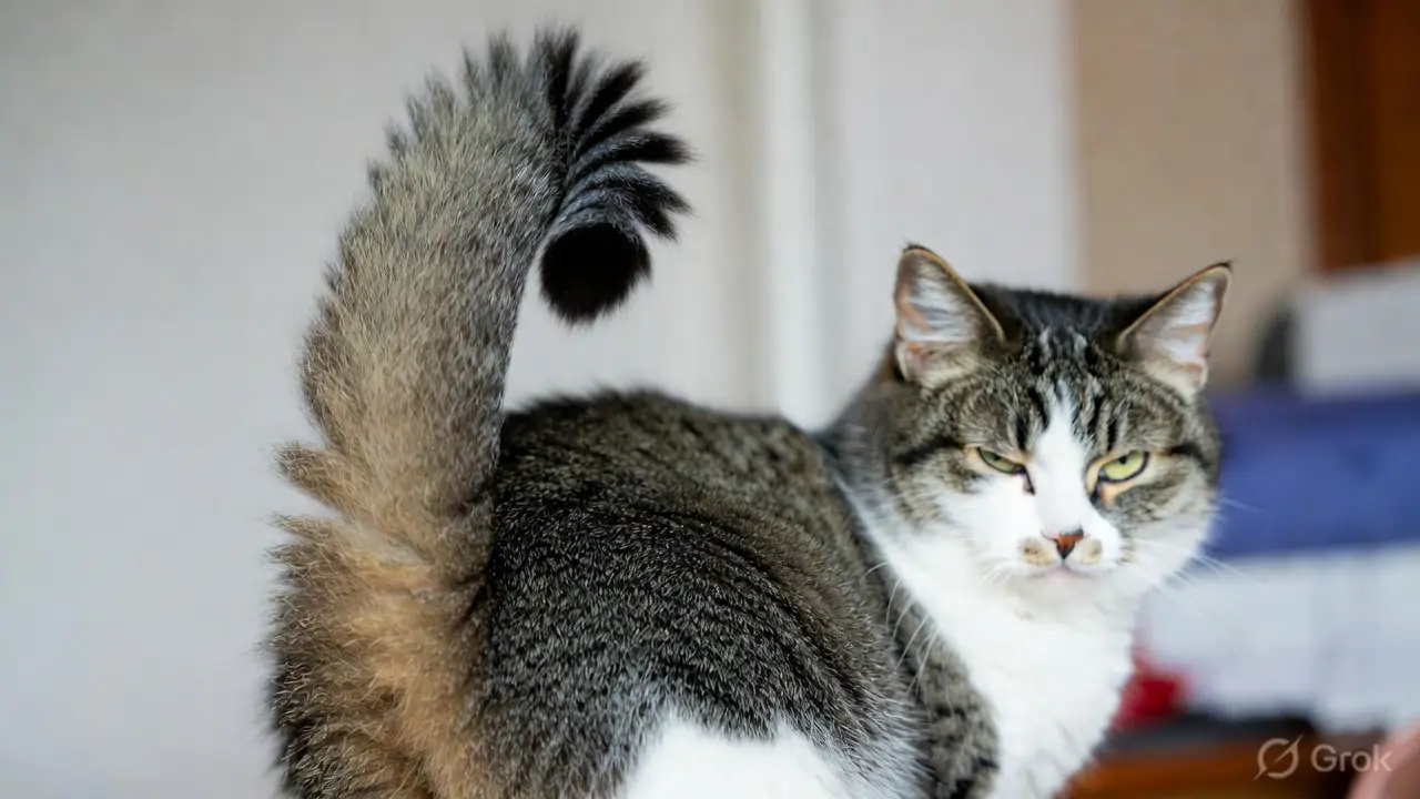 A relaxed cat displaying upright tail with curved tip — one of the clearest feline friendly approach signals