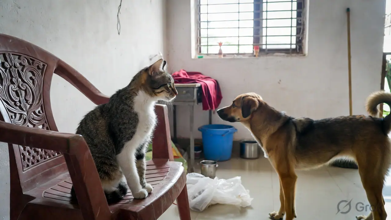 A cat and dog in the same Indian household, each trained to respond to their owner — consistent positive reinforcement works across species through the same operant conditioning principles