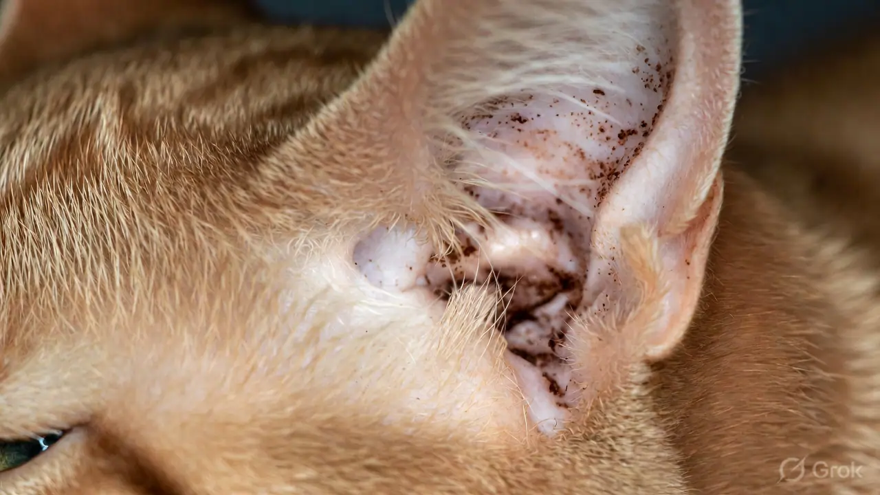 Cat's inner ear showing dark coffee-ground discharge characteristic of ear mite infestation
