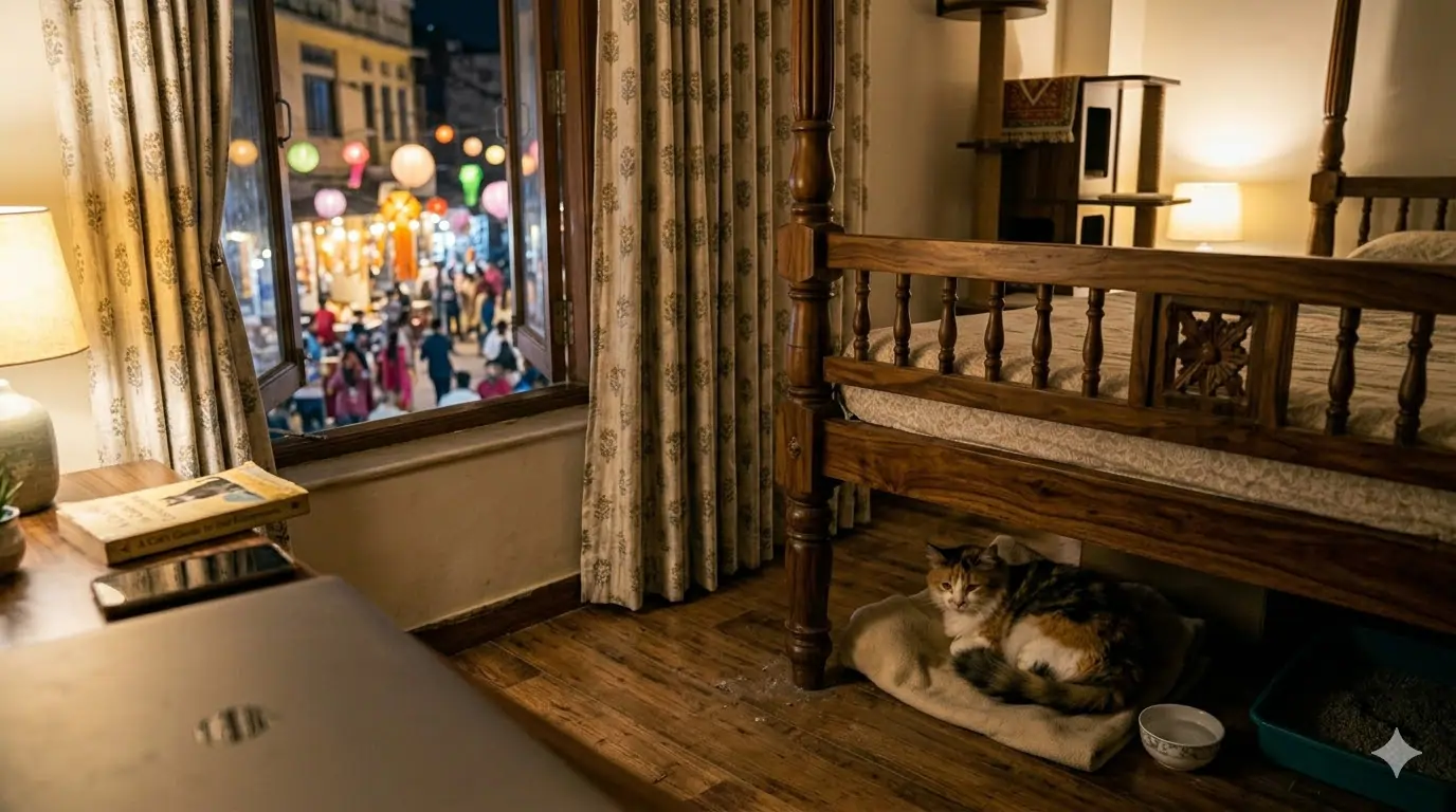 A cat hiding under a bed in a quiet room during a festival — providing a consistently available retreat is the most important single management strategy for festival stress