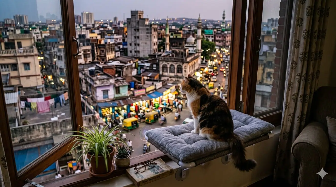 A cat sitting at an apartment window with an Indian cityscape behind — window perches are one of the most enriching investments for an urban apartment cat