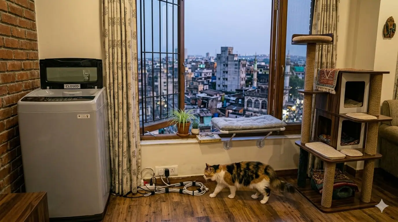 A cat exploring a thoughtfully cat-proofed Indian apartment interior — cable management, closed washing machine, no toxic plants, and a secure window grille visible