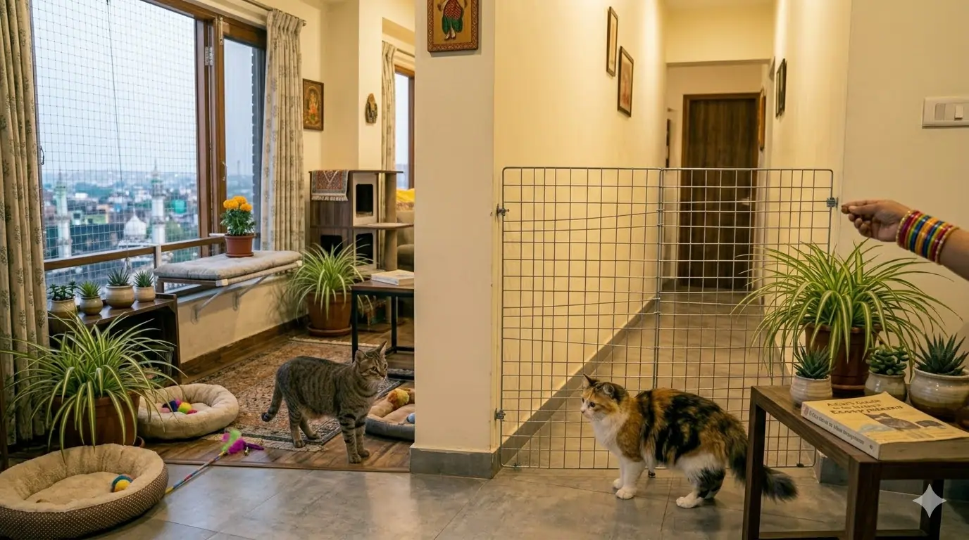 Two cats either side of a baby gate during a managed visual introduction — the re-introduction protocol for cats whose relationship has broken down uses the same staged approach as first-time introduction