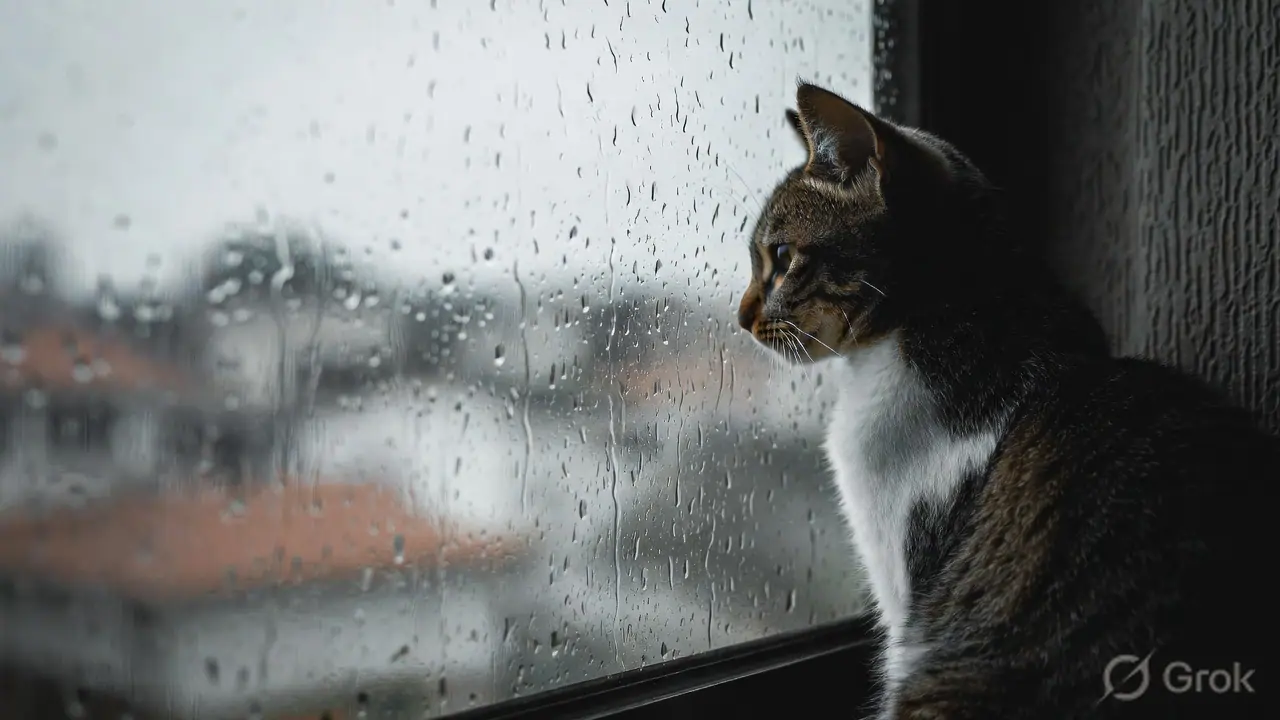 Rain on a window with a cat watching from inside — the transition from dry summer heat to monsoon humidity creates a distinct set of cat health management challenges