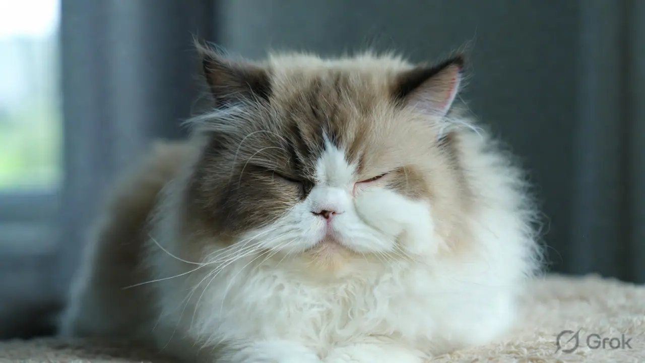 A Persian cat resting in an air-conditioned room — flat-faced breeds have severely limited thermoregulatory capacity and are among the highest-risk cats during Indian summer heat
