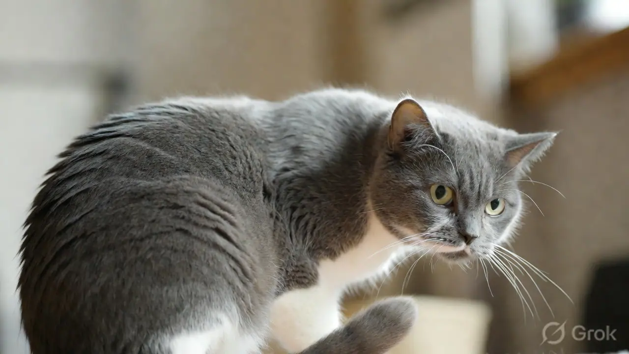 A cat showing early petting overstimulation signals — skin ripple along the back, tail tip beginning to flick — before the bite threshold is reached