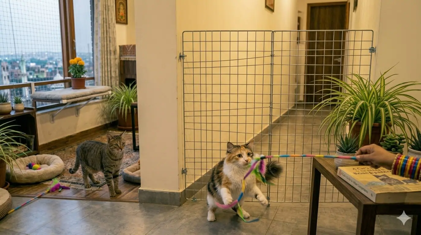 A kitten redirected from hand-biting onto a wand toy — the redirect-to-toy response is the correct and only effective response to play aggression at any age