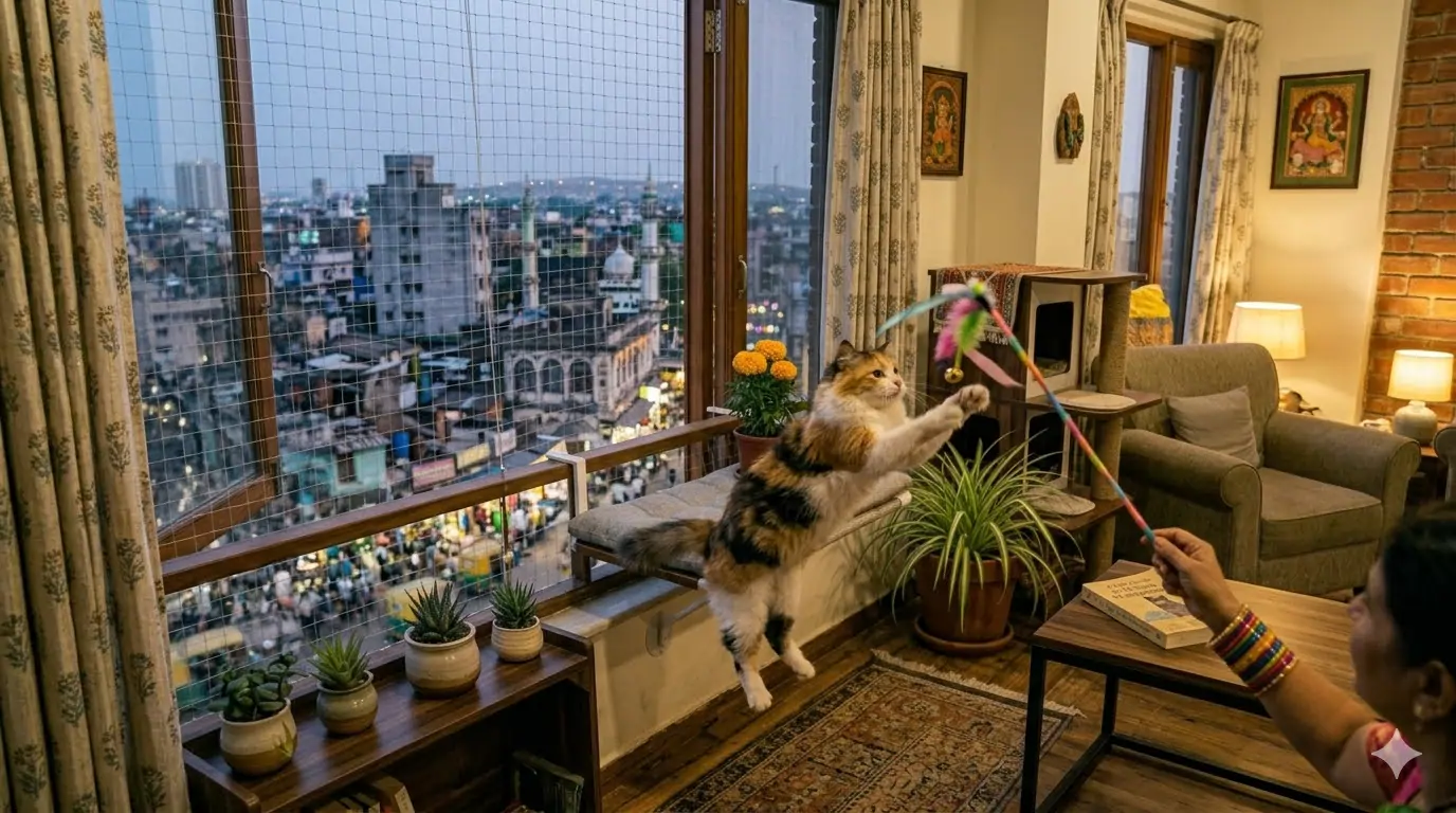 A cat engaged with a wand toy in an Indian apartment — interactive play is the single most important daily enrichment activity for indoor cats