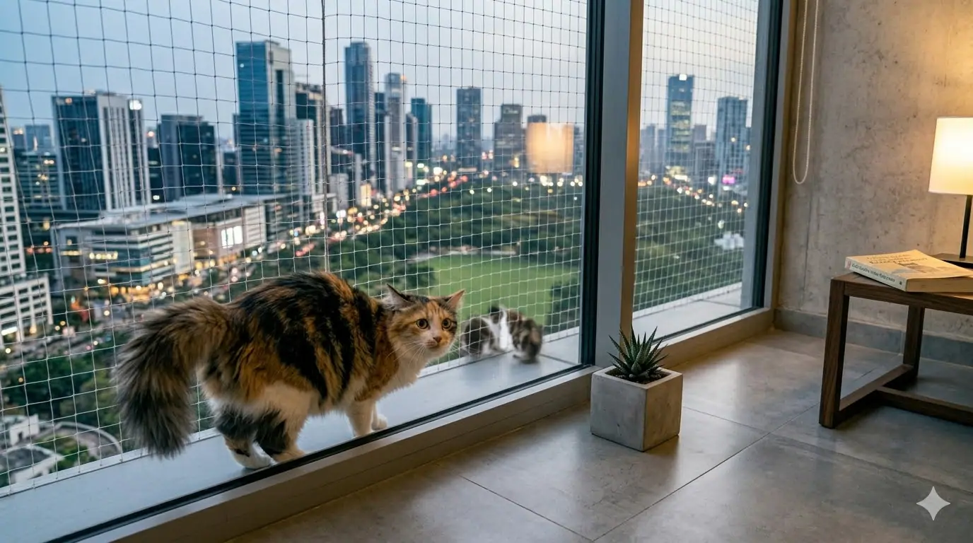 A cat in a state of high territorial arousal at a window — the redirected aggression risk is highest in the minutes immediately after a high-arousal event, not during it
