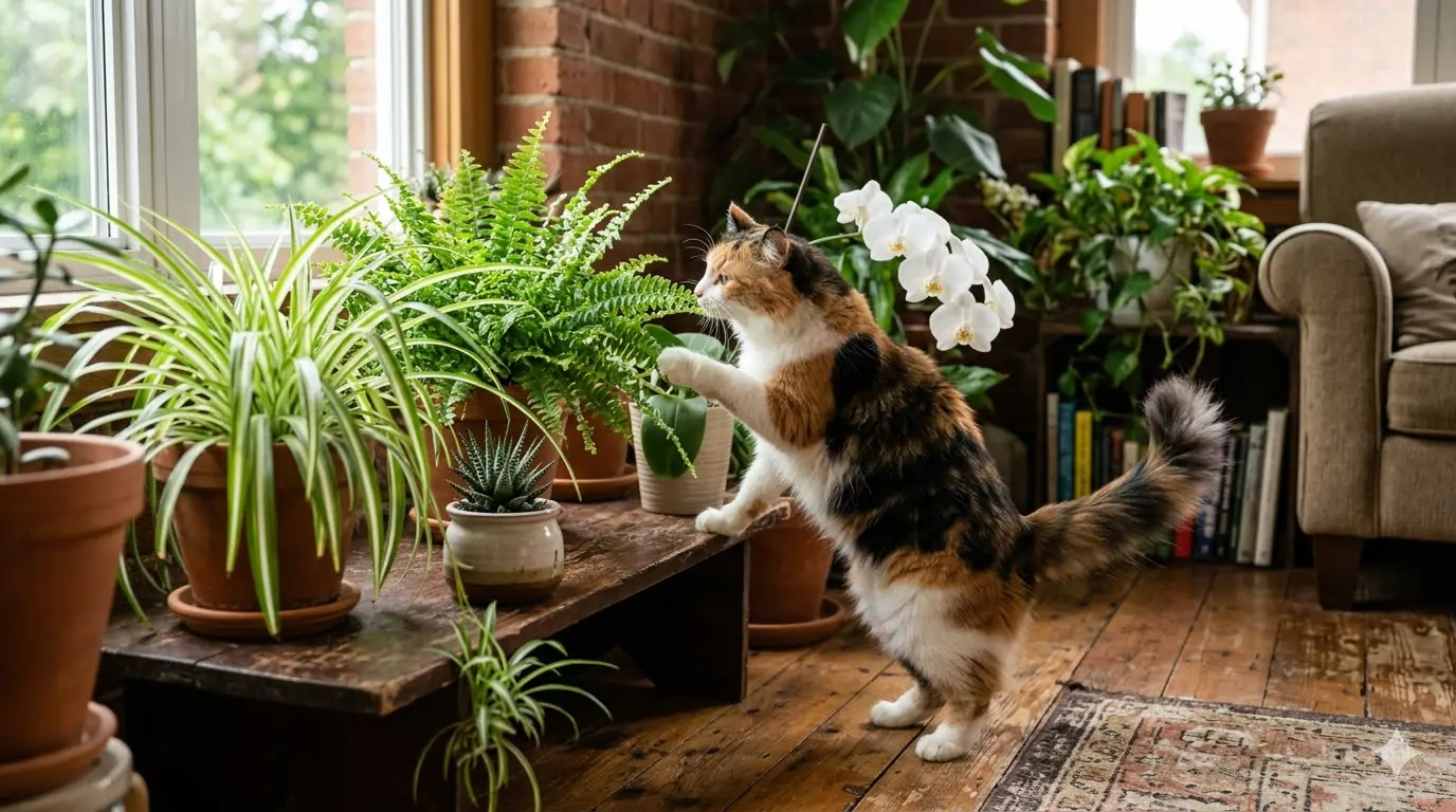 A cat investigating indoor plants — choosing cat-safe species is one of the most impactful home safety decisions for cat owners
