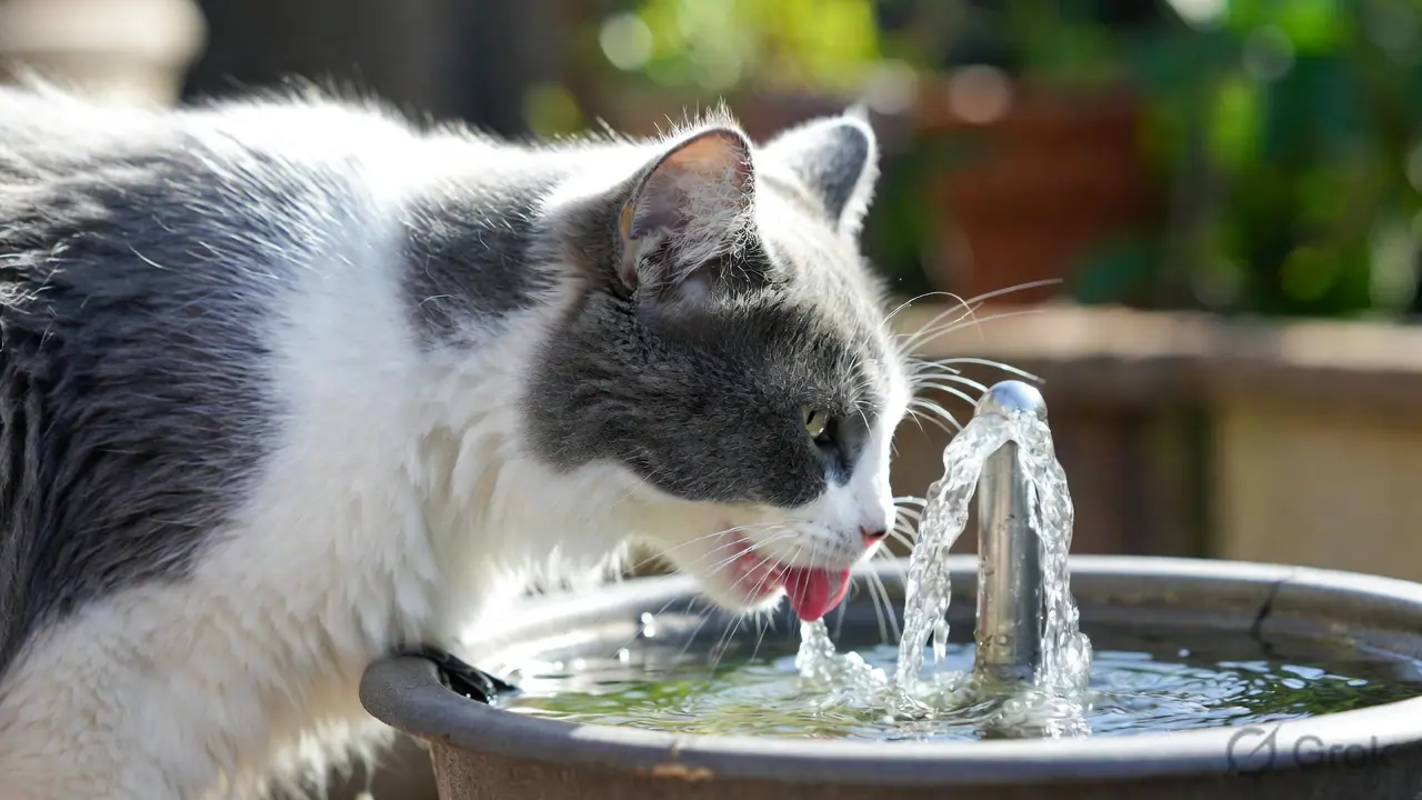 A cat drinking from a water fountain — cats in summer require multiple water sources and often prefer moving water to still bowls