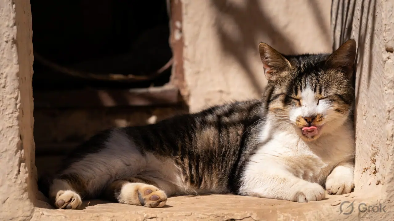 A cat resting in a cool, shaded spot during the Indian summer — behavioural heat management is the first line of a cat's own defence