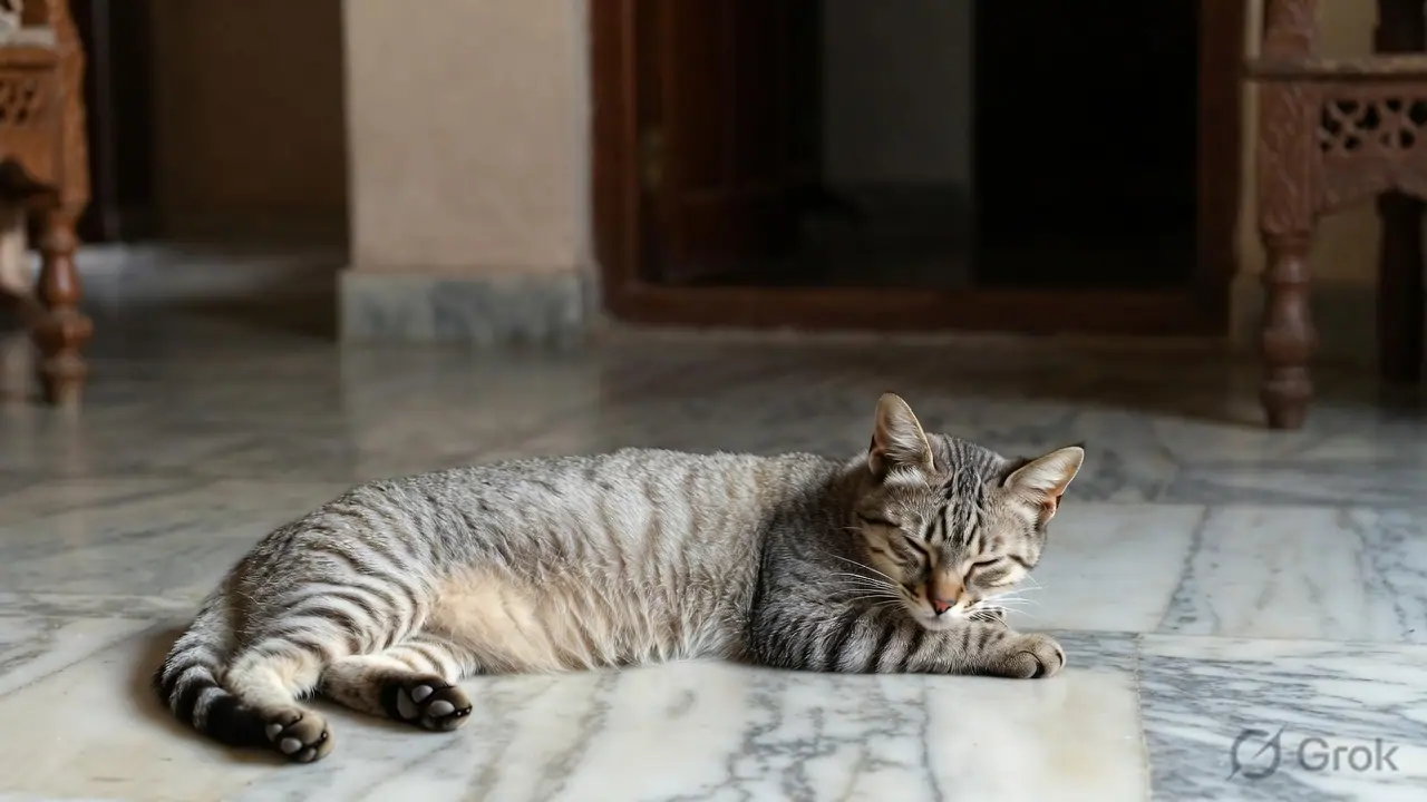 A cat resting on a cool marble floor in a shaded Indian home interior — marble and granite floors are among the best natural cooling surfaces available in Indian homes