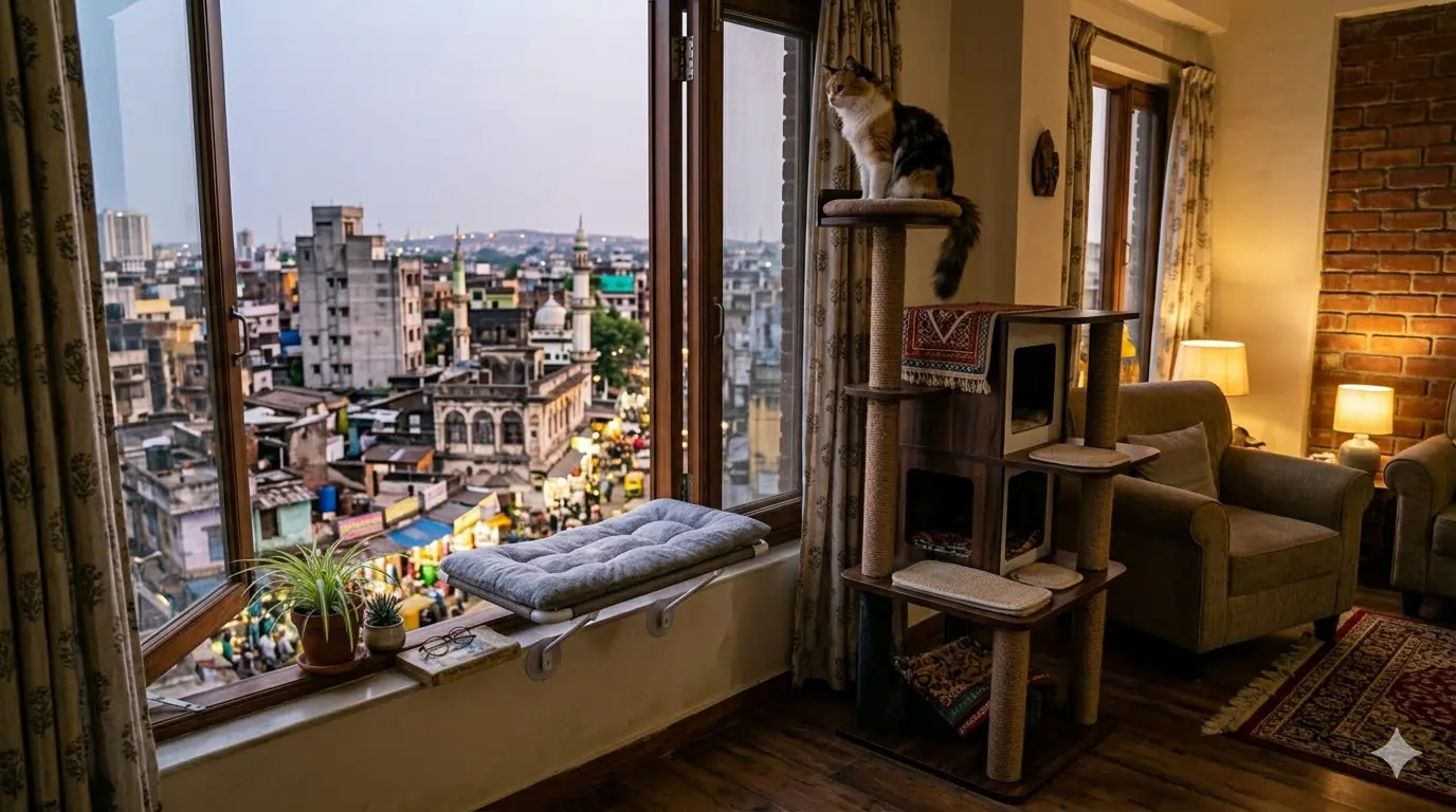 A cat on a tall cat tree in an Indian home interior — vertical territory is the highest-value space investment for apartment cats