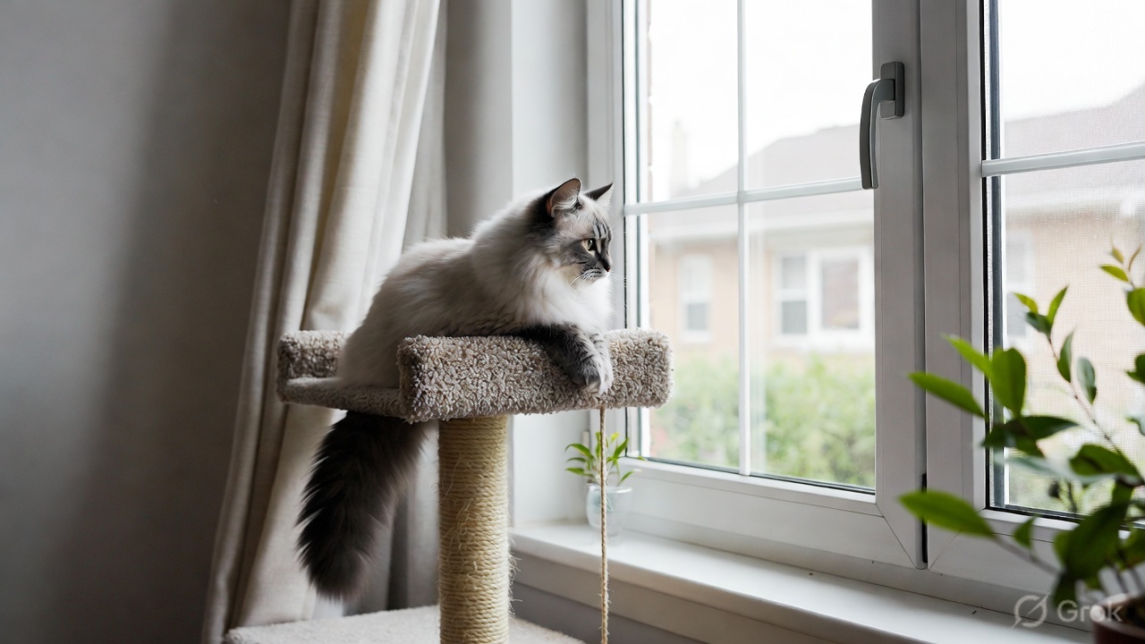 Cat using vertical enrichment — cat tree and window perch reduce stress and FIC flare risk