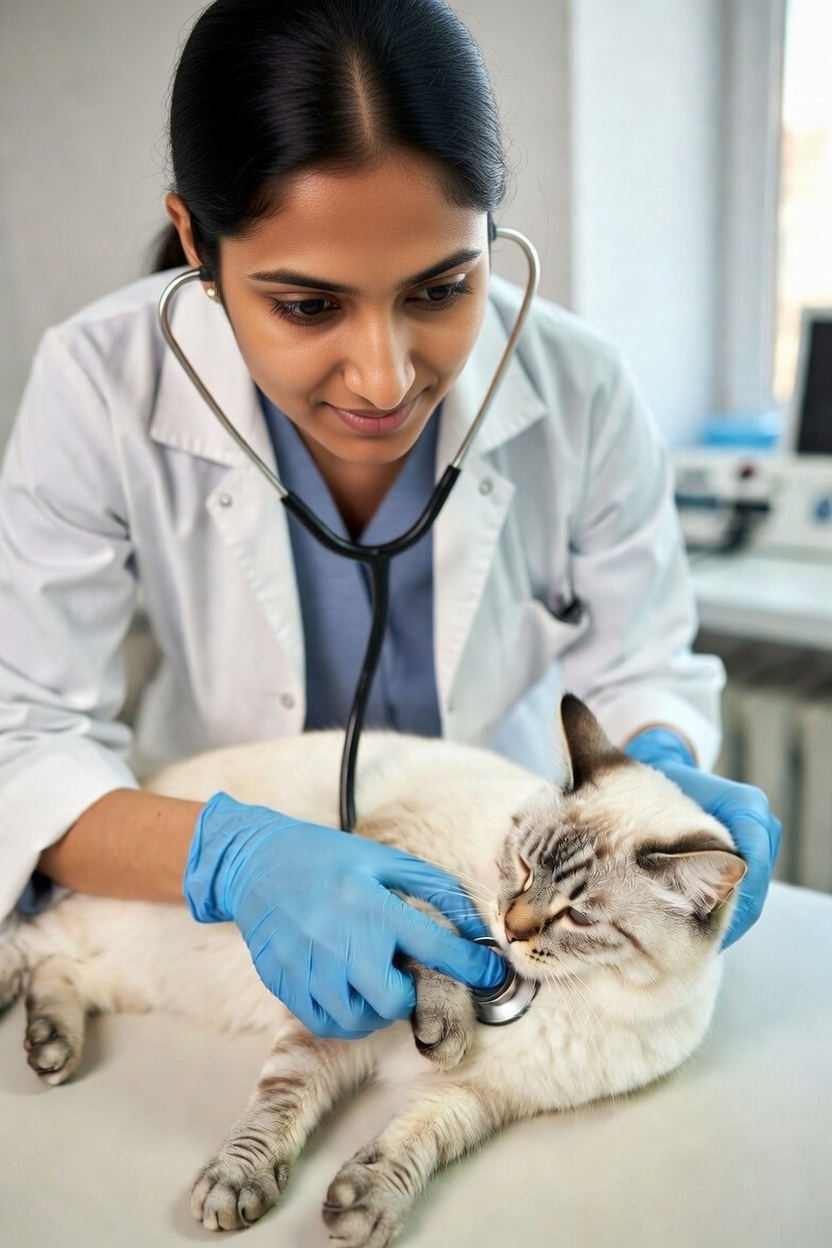 Veterinarian performing wellness exam on cat