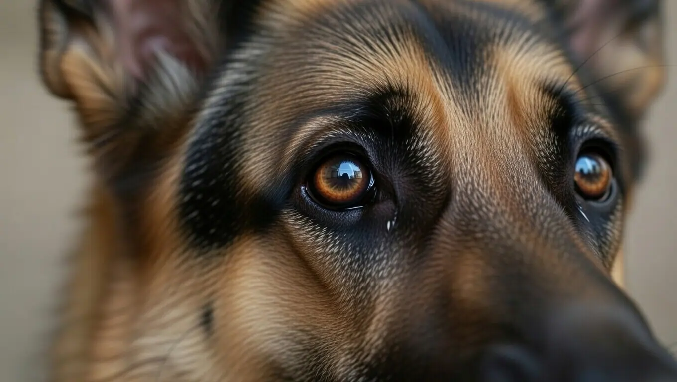 Healthy dog's eye post-recovery — clear, bright and free from discharge after ophthalmic surgery