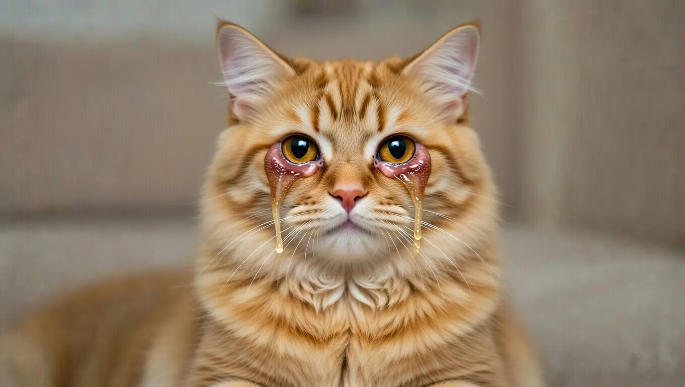 Close-up of a cat's eye with mucoid discharge — a common sign of feline dry eye disease