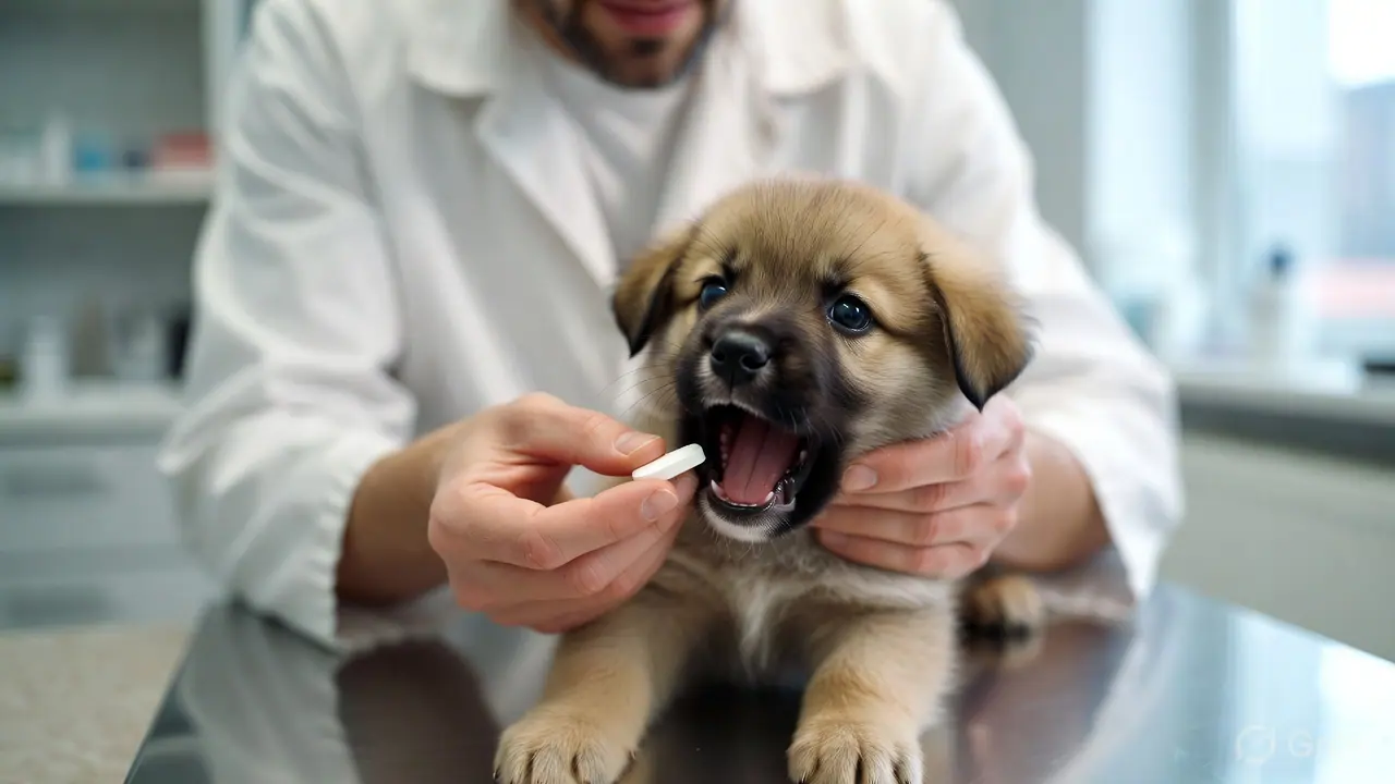 Veterinarian administering deworming tablet to a puppy at a clinic