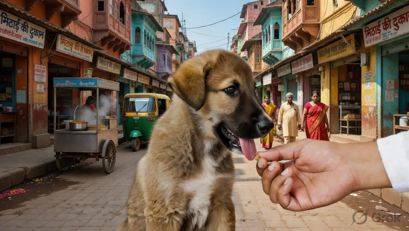 A dog in a training session working on loose-leash walking in an Indian street environment — proofing skills in real-world Indian environments is essential for reliable behaviour