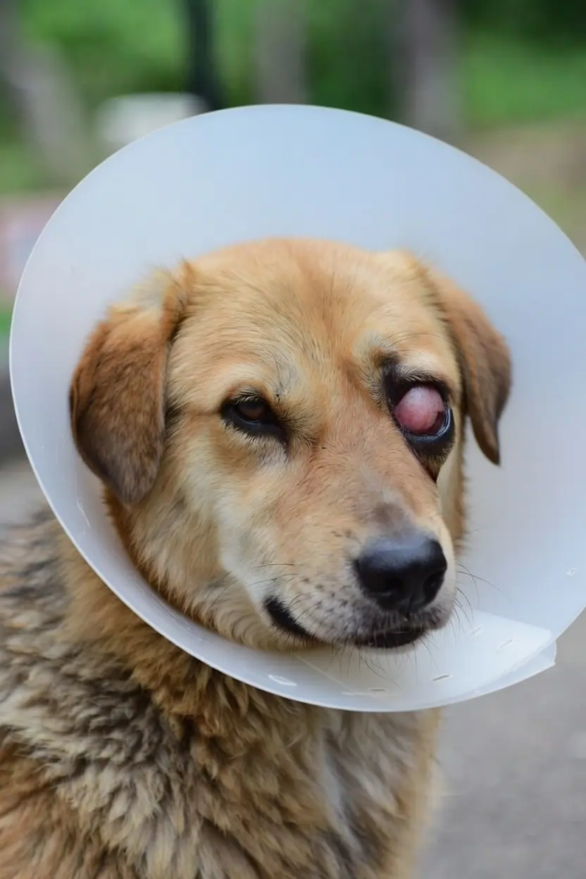 Dog wearing Elizabethan (e-collar) cone after cherry eye surgery to prevent rubbing the operated eye