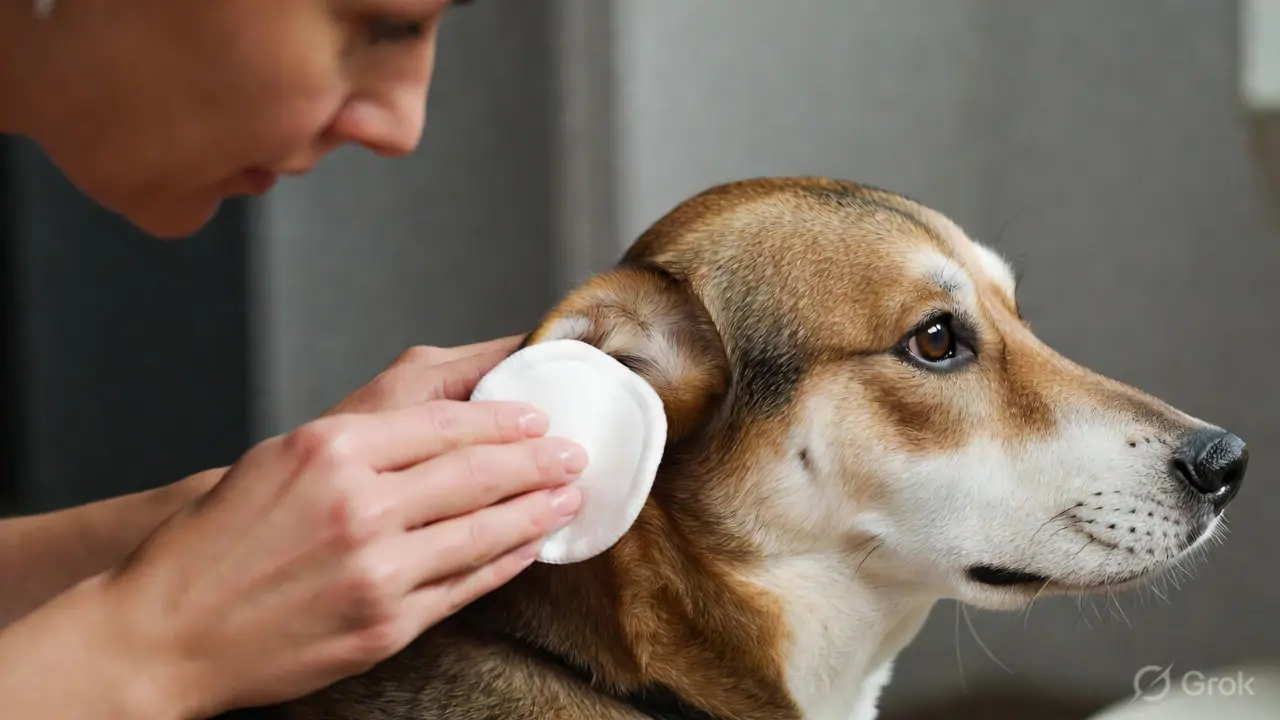 Pet owner correctly cleaning a dog's ear with cotton and veterinary ear cleaner — not using cotton buds