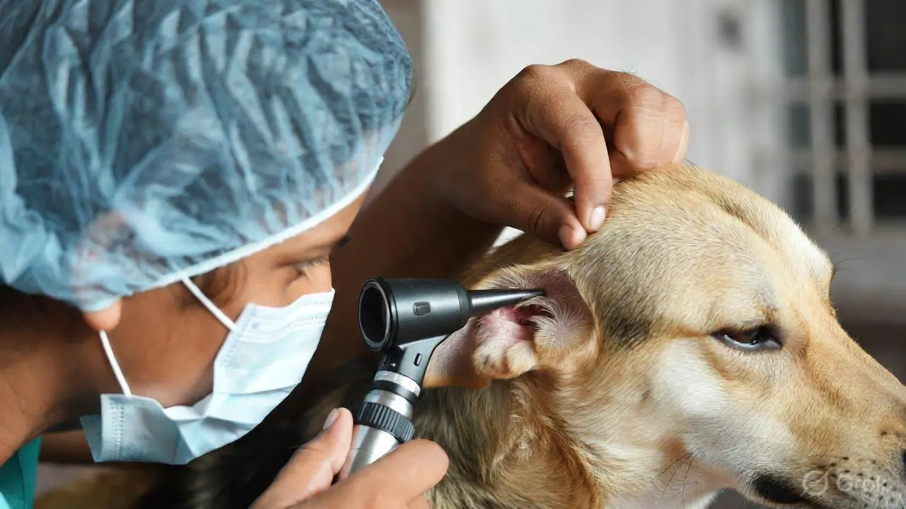 Veterinarian using an otoscope to examine a dog's ear canal during a check-up