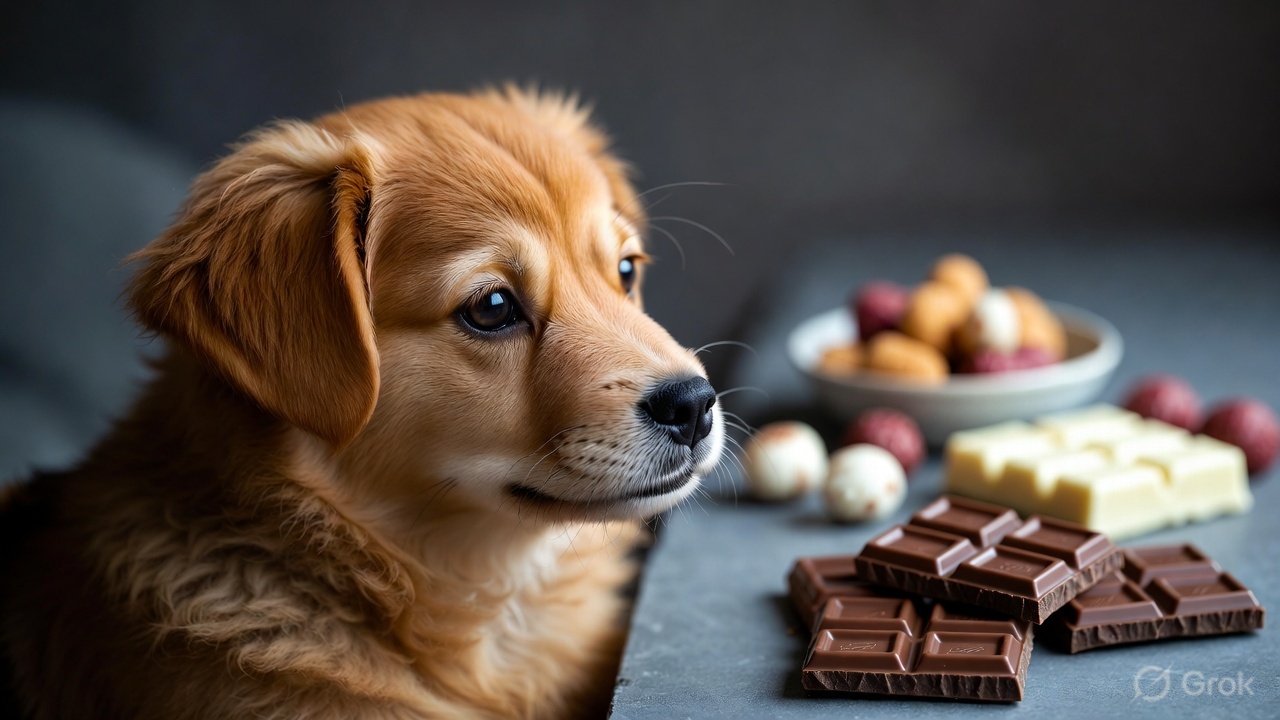 Dog near Holi festival sweets and chocolate — toxic foods that cause serious harm to dogs and cats