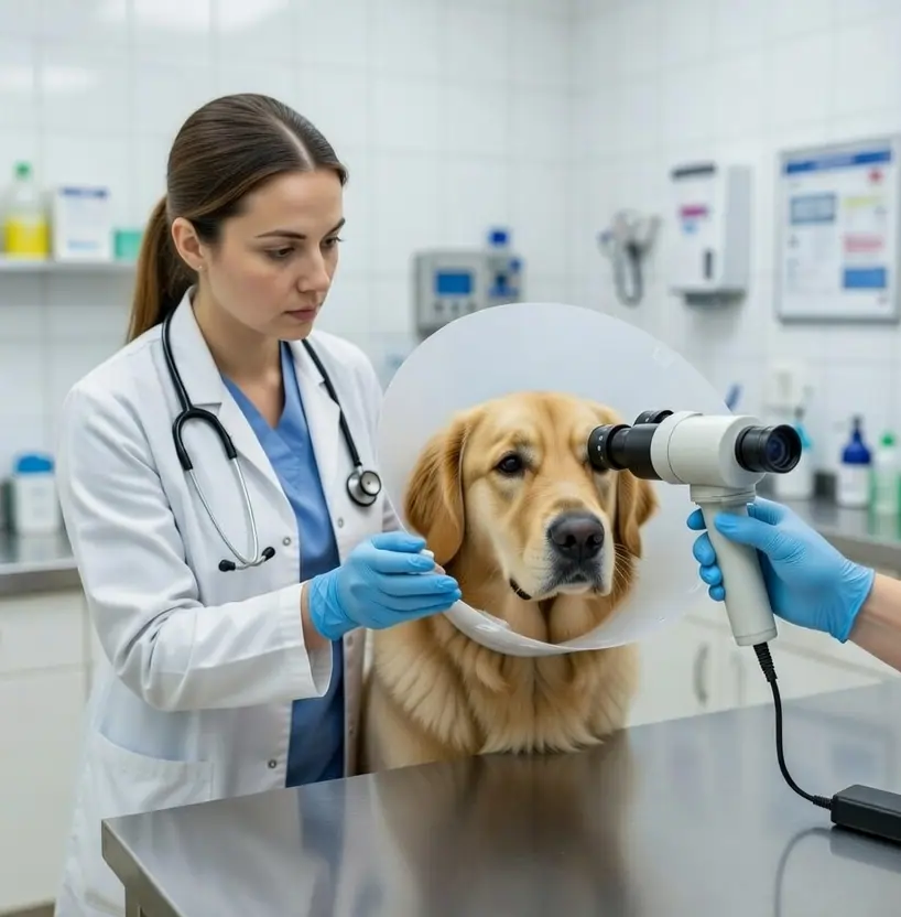 Veterinarian performing an eye examination on a dog at a clinic