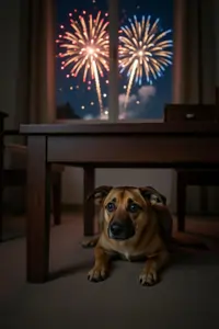 Scared dog hiding under furniture during fireworks