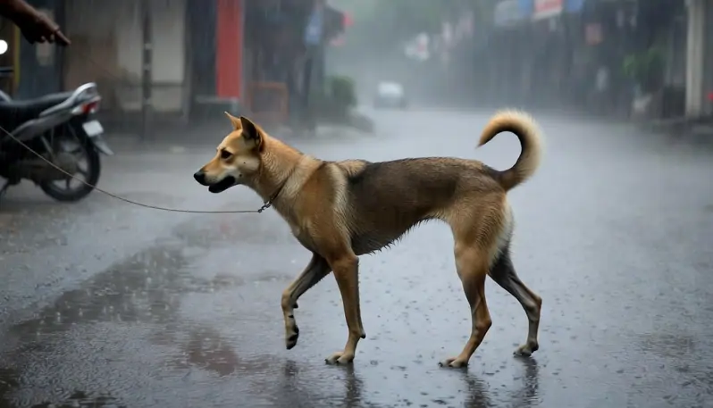 Dog on a leash during monsoon walk in an Indian city