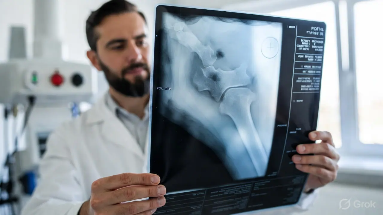 Veterinarian reviewing X-ray of a dog's hip joint showing signs of hip dysplasia