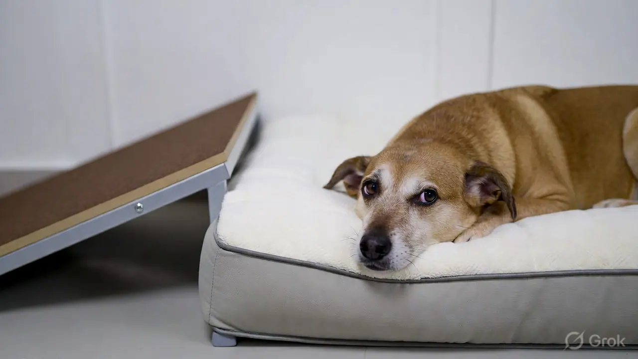 Dog resting on an orthopaedic memory foam bed next to a ramp — two key home modifications for arthritic pets