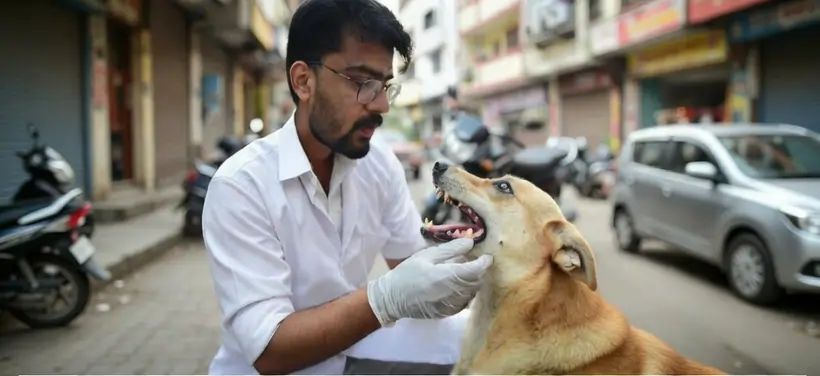 Veterinarian checking a dog's gum colour — pale gums indicate anaemia from babesiosis