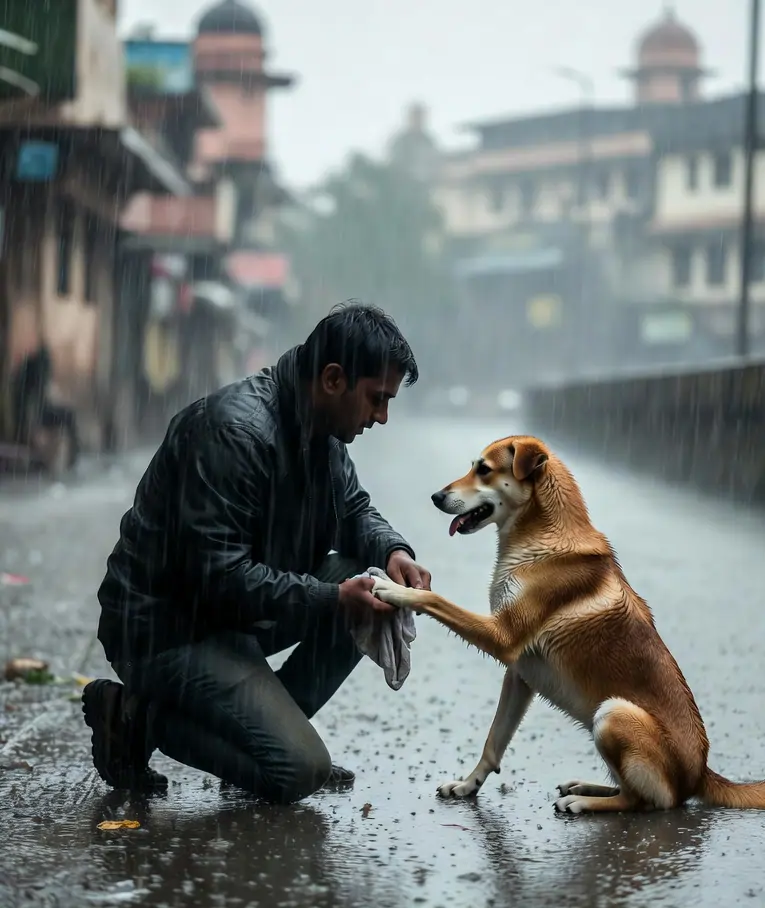 Owner wiping a dog's paw after a monsoon walk — essential post-walk routine