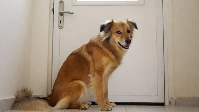 Dog sitting anxiously by a door waiting for its owner to return