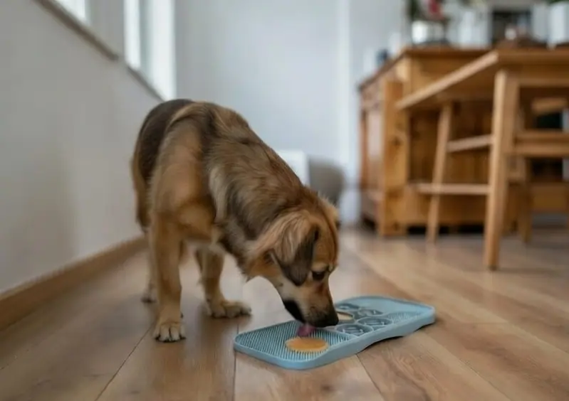 Dog contentedly using a lick mat enrichment toy at home