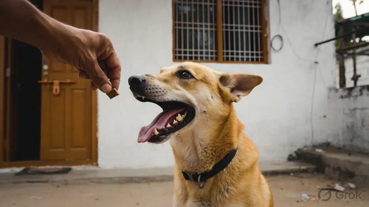 A dog receiving a treat reward during a positive reinforcement training session in an Indian home — reward-based training produces faster learning and lower aggression rates than punishment methods