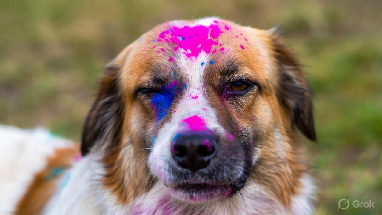 Dog with Holi colour powder on their face and around the eyes — showing the risk of ocular and nasal exposure
