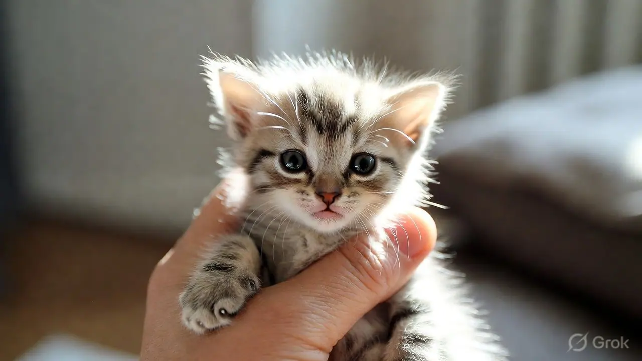 Young kitten being gently held at home — the first weeks are the most formative of a cat's life