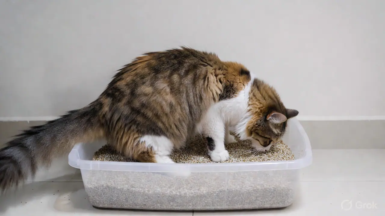 Cat using a clean, correctly positioned litter box — setup fundamentals prevent most inappropriate elimination problems