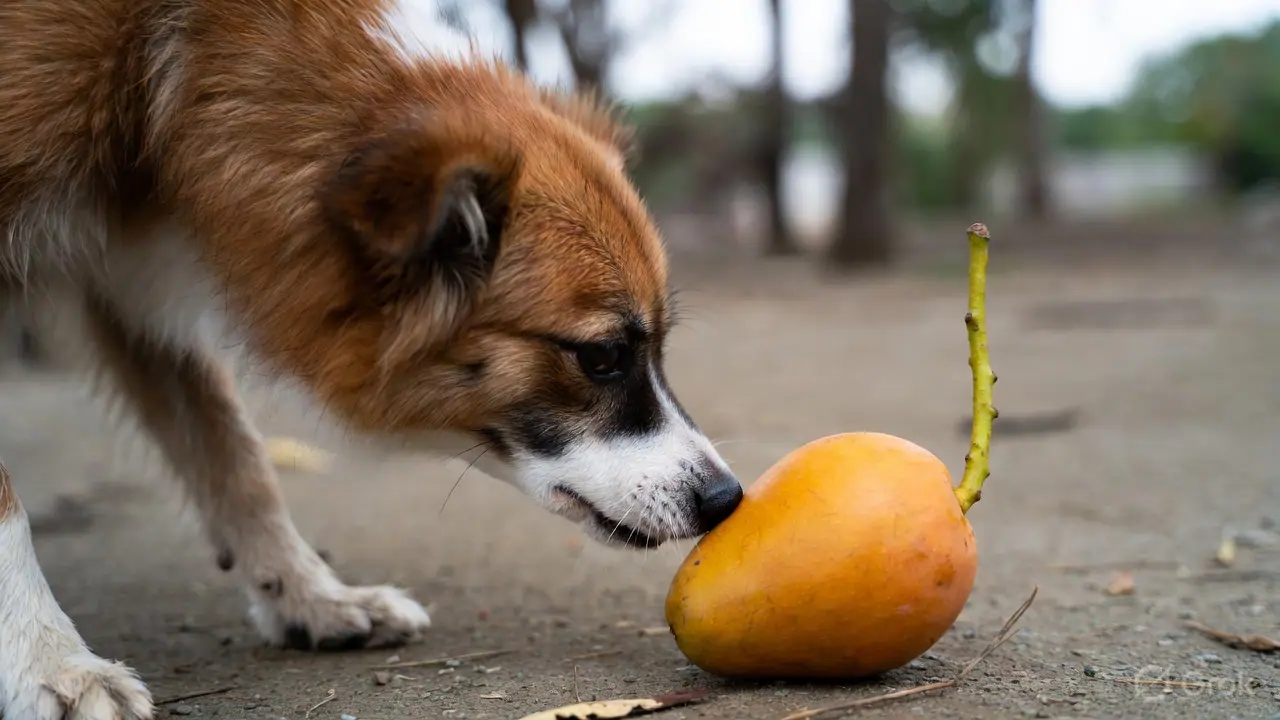 Dog investigating a ripe mango — understanding the risks allows safe, supervised sharing