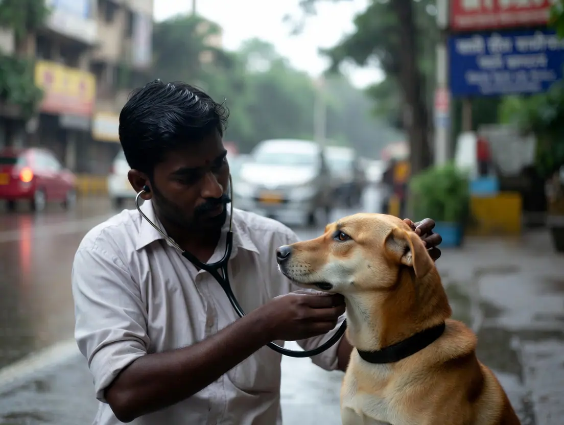 Veterinarian examining a dog for monsoon-related health issues