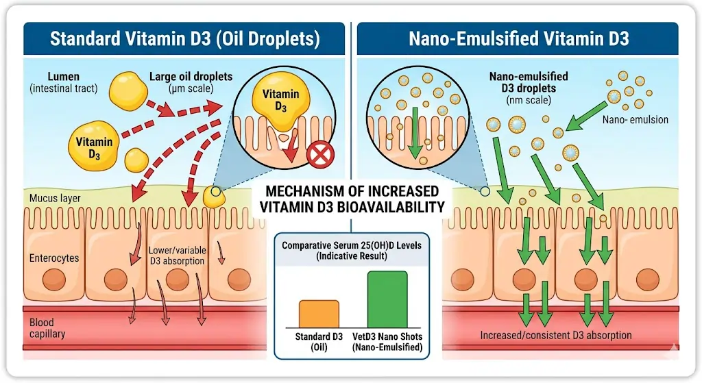 Diagram showing increased absorption of nano-emulsified vitamin D3 vs standard oil droplets